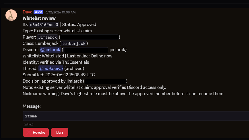 A redacted Discord staff review card showing whitelist status, identity verification, applicant details, and moderation actions.
