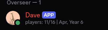 Discord bot status showing current server player count and in-game date.